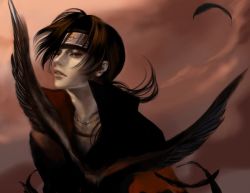Rule 34 | 1boy, as (ashes), bird, black hair, falling feathers, feathers, forehead protector, headband, jewelry, looking at viewer, male focus, naruto, naruto (series), necklace, red eyes, sharingan, sky, solo, uchiha itachi