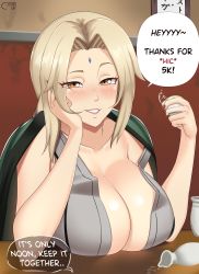 Rule 34 | 1girl, absurdres, blonde hair, blush, breast rest, breasts, breasts on table, brown eyes, castell, cleavage, collarbone, cup, drunk, english text, hand on own face, hiccup, highres, holding, holding cup, large breasts, lips, long hair, looking at viewer, nail polish, naruto (series), parted bangs, parted lips, red nails, smile, solo, speech bubble, thank you, tsunade (naruto)