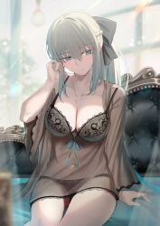 Rule 34 | 1girl, absurdres, backlighting, black bow, black bra, black panties, blue eyes, blush, bow, bra, braid, breasts, cleavage, collarbone, fate/grand order, fate (series), french braid, grey hair, hair bow, highres, large breasts, long hair, long sleeves, looking at viewer, mishiro (ixtlolton), morgan le fay (fate), panties, ponytail, see-through, sidelocks, sitting, solo, thighs, underwear, very long hair