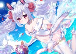 Rule 34 | 1girl, animal ears, azur lane, blue sky, bouquet, bra, breasts, cleavage, cloud, collar, collarbone, day, double bun, dutch angle, elbow gloves, fake animal ears, floating hair, flower, fur trim, gloves, hair between eyes, hair bun, hair ribbon, heart, high heels, highres, holding, holding bouquet, kitasaya ai, laffey (azur lane), layered skirt, long hair, looking at viewer, midriff, miniskirt, navel, ocean, outdoors, parted lips, petals, pumps, rabbit ears, red eyes, red flower, red ribbon, red rose, ribbon, rose, silver hair, skirt, sky, small breasts, solo, sparkle, stomach, sun, sunlight, thighhighs, twintails, underwear, very long hair, white bra, white footwear, white gloves, white skirt, white thighhighs