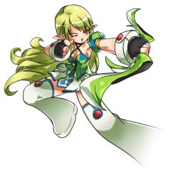 Rule 34 | 1girl, armpits, boots, bow (weapon), breasts, dress, elsword, gloves, green eyes, green hair, long hair, matching hair/eyes, no nose, no pupils, official art, one eye closed, pointy ears, ranger (elsword), rena erindel, ress, skirt, smile, solo, thigh boots, thighhighs, weapon, white background, white dress, white skirt, white thighhighs, wink