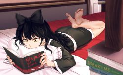 Rule 34 | 1girl, barefoot, bed, black hair, blake belladonna, book, bow, bunk bed, crossed ankles, feet, hair bow, infinote, kimono, legs up, long hair, lying, on bed, on stomach, open book, pillow, reading, ribbon, rwby, soles, solo, the pose, toes, twitter username, yellow eyes
