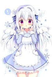 Rule 34 | !, 1girl, apron, azumi kazuki, blue bow, blue dress, blush, bow, collared dress, commentary request, cowboy shot, dress, fingernails, frilled apron, frills, hair between eyes, hair bow, hair intakes, hands up, long sleeves, looking at viewer, mini wings, original, parted lips, red eyes, silver hair, sleeves past wrists, snowflakes, solo, spoken exclamation mark, star (symbol), white apron, white background, white wings, wings