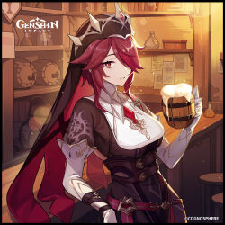 Rule 34 | 1girl, absurdres, alcohol, beer, beer mug, black dress, breasts, brown eyes, commentary, cup, dress, genshin impact, gloves, habit, highres, holding, holding cup, indoors, looking at viewer, medium breasts, mug, official art, parted lips, purple hair, rosaria (genshin impact), short hair, solo, stool, upper body, white gloves