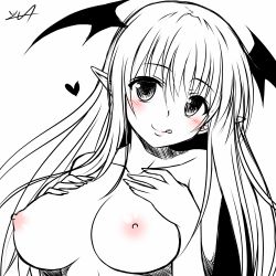 Rule 34 | 1girl, :q, bad id, bad nicoseiga id, breasts, haru-yua, head wings, heart, koakuma, large breasts, long hair, looking at viewer, monochrome, nipples, nude, pointy ears, signature, simple background, sketch, smile, solo, spot color, tongue, tongue out, touhou, upper body, white background, wings, yua (checkmate)