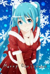 Rule 34 | 1girl, aqua eyes, aqua hair, christmas, dance in lip, earrings, hatsune miku, jewelry, long hair, looking at viewer, necklace, smile, snowflakes, solo, twintails, vocaloid