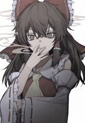 1girl ascot bare_shoulders bow brown_eyes brown_hair cigarette collarbone commentary_request detached_sleeves flat_chest frills grin hair_between_eyes hair_bow hair_tubes hakurei_reimu hand_to_own_mouth hand_up highres hisha_(kan_moko) long_hair looking_at_viewer mouth_hold red_vest simple_background smile smoking solo touhou upper_body vest white_background wide_sleeves yellow_ascot