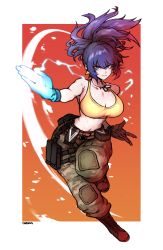 Rule 34 | 1girl, absurdres, ammunition pouch, attack, bare shoulders, blue eyes, blue hair, boots, breasts, camouflage, camouflage pants, cleavage, dog tags, earrings, ginseng (xin), gloves, highres, jewelry, leona heidern, midriff, muscular, muscular female, pants, ponytail, pouch, simple background, solo, tank top, the king of fighters, the king of fighters xiv, yellow tank top
