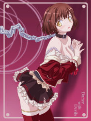 Rule 34 | 10s, 1girl, against wall, black skirt, blush, bra, breasts, brown hair, chain, cleavage, clothes pull, collar, copyright name, cowboy shot, dance with devils, frilled bra, frilled skirt, frills, from side, hair ornament, hairclip, kikuchi tsutomu, leaning forward, long sleeves, looking at viewer, miniskirt, off shoulder, open mouth, red shirt, red thighhighs, shirt, shirt pull, short hair, skirt, solo, standing, strap slip, tachibana ritsuka, thighhighs, torn clothes, torn skirt, underwear, white bra, yellow eyes