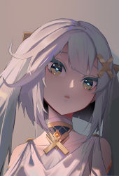 Rule 34 | 1girl, absurdres, backlighting, blunt bangs, brown eyes, choker, collarbone, commentary, detached sleeves, faruzan (genshin impact), genshin impact, grey background, grey hair, hair between eyes, hair ornament, highres, long hair, looking at viewer, parted lips, qixia, sidelocks, simple background, solo, symbol-shaped pupils, triangle, two side up, x hair ornament