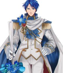 Rule 34 | 1boy, blue eyes, blue hair, cosplay, fire emblem, fire emblem: genealogy of the holy war, fire emblem: mystery of the emblem, fire emblem heroes, flower, formal, gloves, groom, looking at viewer, male focus, marth (cosplay), marth (fire emblem), nintendo, rem (eyes 410), short hair, sigurd (fire emblem), smile, solo, suit, tuxedo, weapon