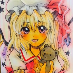 Rule 34 | 1girl, absurdres, blonde hair, flandre scarlet, hat, highres, iori mokamoka, looking at viewer, mob cap, open mouth, shikishi, smile, solo, star (symbol), stuffed animal, stuffed toy, teddy bear, touhou, traditional media