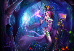 Rule 34 | 1girl, bare shoulders, boots, bracelet, breasts, cleavage, dress, leblanc (league of legends), facial mark, flower, hair flower, hair ornament, highres, jewelry, large breasts, league of legends, lips, long hair, magic, mushroom, nature, necklace, pink eyes, pink hair, solo, staff, thighhighs, tree, xiaoguimist