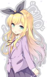 Rule 34 | 1girl, :p, black hairband, black ribbon, blazer, blonde hair, blush, closed mouth, collared shirt, commentary request, green eyes, hair ribbon, hairband, highres, isurugi mio, jacket, long hair, long sleeves, mimura zaja, mm!, pink blazer, pleated skirt, purple skirt, ribbon, school uniform, shirt, skirt, smile, solo, sweater vest, tongue, tongue out, twitter username, very long hair, white shirt
