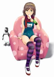 Rule 34 | 1girl, armchair, bare shoulders, bird, brown hair, chair, food, full body, glasses, green eyes, highres, legs, melting, munakata (hisahige), name tag, one-piece swimsuit, original, penguin, polka dot, popsicle, purple thighhighs, scarf, school swimsuit, shoes, short hair, sitting, solo, striped clothes, striped thighhighs, swimsuit, thighhighs, uwabaki