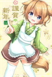 Rule 34 | 1girl, :d, animal ears, apron, blue eyes, chinese zodiac, commentary request, dog ears, dog tail, floral background, frilled skirt, frills, green kimono, highres, houjun dashi, japanese clothes, kimono, light brown hair, open mouth, original, short hair, simple background, skirt, smile, solo, tail, thighhighs, translation request, white thighhighs, wide sleeves, year of the dog, zettai ryouiki