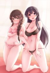 Rule 34 | 10s, 2girls, :d, agano (kancolle), areola slip, bare arms, bare legs, bare shoulders, barefoot, black bra, black eyes, black hair, black panties, blush, bow, bow bra, bow panties, bra, braid, breasts, brown hair, cleavage, green eyes, halterneck, halterneck, highleg, highleg panties, highres, kantai collection, large breasts, long hair, looking at viewer, multiple girls, navel, nicoby, noshiro (kancolle), open mouth, panties, pink bra, pink panties, plaid, plaid panties, skindentation, smile, thighs, underwear, underwear only