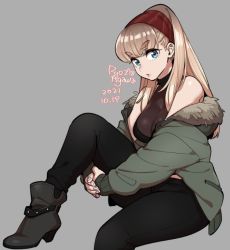 Rule 34 | 1girl, agawa ryou, ankle boots, artist name, bare shoulders, black bra, black pants, black shirt, blonde hair, blue eyes, boots, bra, bra visible through clothes, breasts, brown footwear, cleavage, commentary, dated, english commentary, foot out of frame, fur trim, green jacket, grey background, hairband, high heel boots, high heels, hood, hood down, hooded jacket, jacket, large breasts, long hair, long sleeves, looking at viewer, numbered, original, own hands together, pants, parted lips, pink lips, red hairband, see-through, see-through shirt, shirt, short eyebrows, simple background, sitting, sleeveless, solo, thick eyebrows, turtleneck, underwear