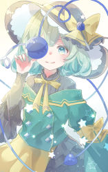 Rule 34 | 1girl, adapted costume, black hat, black shirt, blue flower, blue rose, commentary, flower, frills, green eyes, green hair, green jacket, green nails, hand up, hat, highres, holding, jacket, komeiji koishi, long sleeves, looking at viewer, nail polish, neck ribbon, off-shoulder jacket, off shoulder, one eye covered, re re merry, ribbon, rose, shirt, short hair, skirt, solo, star (symbol), third eye, touhou, upper body, yellow ribbon, yellow skirt