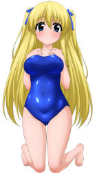 1girl absurdres barefoot blonde_hair blue_eyes blush competition_school_swimsuit covered_erect_nipples covered_navel dutch_angle female_focus hair_ribbon highres kneeling long_hair one-piece_swimsuit original ribbon school_swimsuit solo sugimura_tomokazu swimsuit