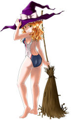 Rule 34 | 1girl, armpits, ass, back, bad id, bad pixiv id, barefoot, blonde hair, broom, competition swimsuit, female focus, from behind, hat, hat ribbon, holding, holding hat, kirisame marisa, kirisame marisa (pc-98), legs, looking back, one-piece swimsuit, ribbon, solo, strahl, swimsuit, touhou, touhou (pc-98), witch, witch hat, yellow eyes