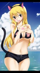 Rule 34 | 1girl, absurdres, animal ears, artist name, bikini, bikini top only, black bikini, black shorts, blonde hair, blush, breasts, brown eyes, cat ears, cat tail, cleavage, collarbone, curvy, earrings, fairy tail, fake animal ears, gaston18, hairband, highres, jewelry, large breasts, long hair, looking at viewer, lucy heartfilia, navel, open mouth, short shorts, shorts, sky, smile, solo, stomach, swimsuit, tail, tattoo, thigh gap, thighs, water