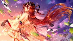 Rule 34 | 1girl, autumn leaves, breasts, brown hair, chiachun0621, fate/grand order, fate/requiem, fate (series), from behind, highres, horns, japanese clothes, kijo kouyou (fate), kijo kouyou (third ascension) (fate), kimono, long hair, looking back, off shoulder, slit pupils, smile, solo, twilight, wide sleeves
