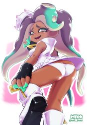 Rule 34 | 1girl, ass, boots, butt crack, cosplay, crown, fingerless gloves, from behind, gloves, long hair, looking at viewer, looking back, marina (splatoon), mole, mole under mouth, mtk hoshi, nintendo, octoling player character, open mouth, panties, pearl (splatoon), pearl (splatoon) (cosplay), smile, solo, splatoon (series), splatoon 2, tentacle hair, underwear, white panties, zipper, zipper pull tab, zipping