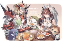 Rule 34 | 1boy, 1girl, :d, arknights, armor, bare shoulders, black gloves, blue eyes, bowl, breasts, brown hair, cat, closed mouth, commentary request, drinking straw, fake horns, felyne, fish (food), food, gloves, holding, holding food, holding knife, horns, kirin (armor), kirin r yato (arknights), knife, large breasts, long hair, midriff, monster hunter (series), multicolored hair, nigirizushi, noir corne (arknights), open mouth, pauldrons, plate, pointy ears, rathalos s noir corne (arknights), shoulder armor, smile, sushi, table, tanagawa makoto, terra research commission (arknights), upper body, yato (arknights)