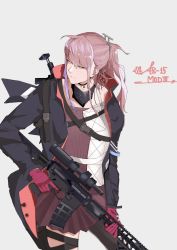 Rule 34 | 1girl, ar-15, armor, assault rifle, black thighhighs, blue eyes, breasts, character name, choker, closed mouth, collarbone, dress, gas mask, girls&#039; frontline, gleanioring, gloves, grey background, gun, hair ornament, half-closed eyes, highres, holding, holding gun, holding weapon, jacket, light smile, long hair, looking to the side, mask, mod3 (girls&#039; frontline), multicolored hair, pink gloves, pink hair, ponytail, rifle, scope, sidelocks, simple background, single thighhigh, small breasts, solo, st ar-15 (girls&#039; frontline), st ar-15 (mod3) (girls&#039; frontline), strap, streaked hair, thigh strap, thighhighs, trigger discipline, weapon, weapon on back