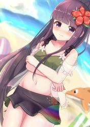 Rule 34 | 1girl, bare shoulders, beach, blue sky, blunt bangs, blurry, blurry background, blush, brown hair, commentary request, crossed arms, day, dutch angle, flower, hair flower, hair ornament, highres, kasumi (princess connect!), kasumi (summer) (princess connect!), kumagitsune, long hair, looking at viewer, navel, outdoors, princess connect!, purple eyes, sidelocks, sky, solo, swimsuit