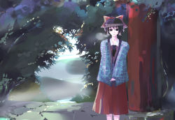 Rule 34 | 1girl, alternate costume, ascot, black eyes, black hair, bow, contemporary, dress, female focus, forest, hair bow, hair tubes, hakurei reimu, looking at viewer, mountain, nature, outdoors, own hands together, scenery, solo, takanashi akihito, touhou, tree, water