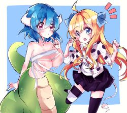 Rule 34 | 2girls, ahoge, bell, blonde hair, blue hair, blush, breasts, closed mouth, collarbone, cosplay, costume switch, cow horns, cow tail, cowbell, fang, hair ribbon, horns, jashin-chan, jashin-chan dropkick, lamia, large breasts, long hair, looking at viewer, minos (jashin-chan dropkick), mmkaeo, monster girl, multiple girls, nipple slip, nipples, open mouth, red eyes, ribbon, sarashi, short hair, skirt, small breasts, sweat, tail, thighhighs