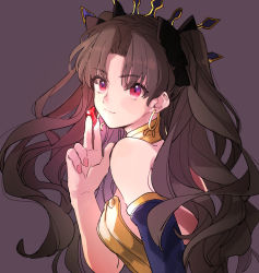 Rule 34 | 1girl, bare shoulders, between fingers, black bow, bow, brown hair, closed mouth, crown, detached sleeves, eyes visible through hair, fate/grand order, fate (series), fingernails, gem, gold choker, grey background, hair bow, hand up, holding, holding gem, ishtar (fate), long hair, looking at viewer, looking back, meeko, parted bangs, portrait, red eyes, red gemstone, simple background, single detached sleeve, smile, solo, strapless, two side up, wavy hair