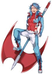 Rule 34 | 1boy, axe, blue hair, boots, chaps, clothing cutout, creatures (company), cross-laced footwear, full body, game freak, gen 3 pokemon, gloves, huge weapon, katagiri hachigou, lace-up boots, long sleeves, male focus, nintendo, pants, personification, pokemon, salamence, sharp teeth, short hair, side cutout, simple background, solo, teeth, turtleneck, weapon, white background, white gloves, white pants
