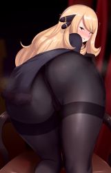 Rule 34 | 1girl, absurdres, ass, black pantyhose, blonde hair, blush, cameltoe, creatures (company), cynthia (pokemon), from behind, game freak, green eyes, hair ornament, hair over one eye, highres, huge ass, kneepits, long hair, looking at viewer, looking back, nintendo, pantyhose, pokemon, sana!rpg, solo, thong, thong under pantyhose, trembling