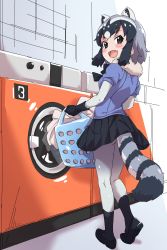 Rule 34 | 10s, 1girl, animal ears, black hair, blush, bow, bowtie, common raccoon (kemono friends), gloves, highres, karahai (31448823), kemono friends, laundry basket, looking at viewer, looking back, multicolored hair, open mouth, raccoon ears, raccoon tail, short hair, short sleeves, skirt, solo, tail, washing machine