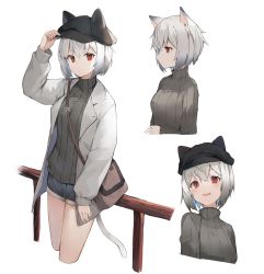 Rule 34 | 1girl, animal ear fluff, animal ears, animal hat, arm up, bag, black headwear, black sweater, blue shorts, breasts, cabbie hat, closed mouth, cropped legs, cropped torso, fake animal ears, grey hair, hair between eyes, hat, highres, jacket, long sleeves, multiple views, open clothes, open jacket, open mouth, original, puffy long sleeves, puffy sleeves, red eyes, ribbed sweater, ryou (ponpgo), short hair, short shorts, shorts, shoulder bag, simple background, small breasts, smile, sweater, turtleneck, turtleneck sweater, white background, white jacket