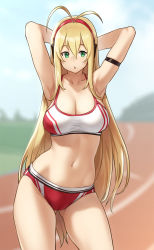 Rule 34 | 1girl, antenna hair, arm strap, armpits, arms behind head, arms up, blonde hair, blurry, breasts, buruma, chestnut mouth, cleavage, contrapposto, cowboy shot, depth of field, gluteal fold, green eyes, hair between eyes, headphones, highres, houtengeki, large breasts, long hair, looking at viewer, navel, outside border, parted lips, sidelocks, solo, sports bra, standing, track uniform, tsurumaki maki, two-tone sports bra, very long hair, voiceroid