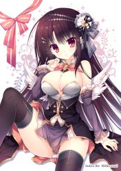 Rule 34 | 1girl, black hair, black thighhighs, bow, breasts, dress, hair ornament, hairclip, long hair, mitha, original, red eyes, smile, solo, thighhighs, wings