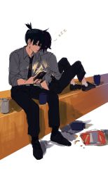 Rule 34 | 1boy, 1girl, black hair, cellphone, chainsaw man, chips (food), food, hayakawa aki, highres, himeno (chainsaw man), leaning back, leaning on person, medium hair, null (skev7724), phone, ponytail, sitting, sketch, sleeping, tagme, zzz