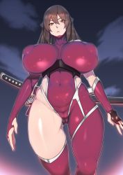 Rule 34 | 1girl, asymmetrical clothes, asymmetrical legwear, bad id, bad pixiv id, blush, bodysuit, breasts, breasts apart, brown eyes, brown hair, by spoon, cameltoe, cleft of venus, commission, covered erect nipples, covered navel, curvy, framed breasts, gluteal fold, hair between eyes, half-closed eyes, highres, hip vent, huge breasts, large areolae, night, night sky, puffy nipples, serious, shiny skin, single thighhigh, skin tight, sky, solo, standing, sword, taimanin (series), thighhighs, vambraces, weapon, wide hips