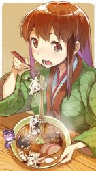 Rule 34 | 10s, 6+girls, abyssal ship, aircraft carrier water oni, akagi (kancolle), battleship princess, brown eyes, brown hair, chopsticks, destroyer princess, eating, food, hat, horns, in food, jitome, kantai collection, long hair, mini person, minigirl, mittens, multicolored hair, multiple girls, nonco, noodles, northern ocean princess, purple eyes, purple hair, seaport princess, single horn, soba, white hair
