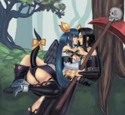 Rule 34 | 1boy, 1girl, abs, angel wings, aqua hair, ass, asymmetrical wings, bare shoulders, belt, belt buckle, black footwear, black hair, black legwear, black panties, blue hair, boots, breasts, buckle, choker, cleavage, collar, dizzy (guilty gear), forest, grass, guilty gear, guilty gear x, guilty gear xrd, guilty gear xx, hair between eyes, hair ribbon, hair rings, hand on another&#039;s chest, highres, holding, holding scythe, holding weapon, large breasts, leaf, long hair, long sleeves, looking at another, lying, moontears, nature, panties, red eyes, ribbon, scythe, shiny clothes, shiny legwear, skull, smile, straight hair, studded collar, tail, tail ornament, tail raised, tail ribbon, testament (guilty gear), thigh strap, tree, twintails, underwear, very long hair, weapon, white footwear, wings, yellow ribbon