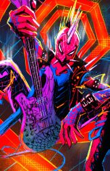 Rule 34 | 1boy, boots, chun lo, electric guitar, guitar, highres, holding, holding instrument, instrument, looking at viewer, marvel, mask, sitting, solo, solo focus, spider-man: across the spider-verse, spider-man (series), spider-punk, spider-verse, spikes, vest