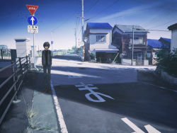 Rule 34 | 1boy, brown hair, building, chimney, crack, day, fence, grass, highres, house, jacket, long sleeves, male focus, manhole, moribuden, outdoors, pants, planter, power lines, red footwear, road, road sign, scenery, shade, shoes, sign, sky, solo, standing, stop sign, street, traffic mirror, utility pole, wide shot, yu-gi-oh!, yu-gi-oh! gx, yuki judai