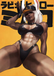 Rule 34 | 1girl, abs, absurdres, animal ears, arm up, bare shoulders, black gloves, black headwear, black nails, black panties, black sports bra, boku no hero academia, breasts, cleavage, copyright name, crescent print, dark-skinned female, dark skin, fingerless gloves, gloves, gluteal fold, hand up, highleg, highleg panties, highres, large breasts, long eyelashes, long hair, looking at viewer, mirko, monori rogue, muscular, muscular female, nail polish, navel, panties, parted lips, rabbit ears, rabbit girl, rabbit pose, red eyes, smile, solo, sports bra, spread legs, stomach, tan, tanline, thick thighs, thighs, underwear, white hair, yellow background
