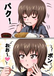 1girl black_neckerchief blush bright_pupils brown_eyes brown_hair closed_eyes cross curry curry_rice eating edamame food girls_und_panzer grey_shirt heart highres holding holding_plate holding_spoon kuromorimine_school_uniform long_sleeves neckerchief nishizumi_maho omachi_(slabco) open_hand open_mouth pink_background plate rice school_uniform shirt solo spoon star_(symbol) star_symbol_background vase