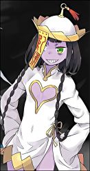 Rule 34 | 1girl, black hair, breasts, chest cutout, chinese clothes, colored skin, covered navel, fantasy, feet out of frame, green eyes, grin, haimura kiyotaka, highres, jiangshi, long hair, niang-niang, ofuda, purple skin, resized, small breasts, smile, solo, teeth, thighs, toaru majutsu no index, toaru majutsu no index: new testament, undead, upscaled, very long hair, very long sleeves, wide sleeves