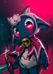 Rule 34 | 1other, absurdres, bell, black fur, blaedic, bleeding, blood, bloody tears, cape, cult of the lamb, highres, holding, holding sword, holding weapon, horizontal pupils, horns, horror (theme), jingle bell, looking at viewer, neck bell, pink eyes, red cape, sheep, sheep horns, signature, solo, standing, sword, the lamb (cult of the lamb), weapon, wool